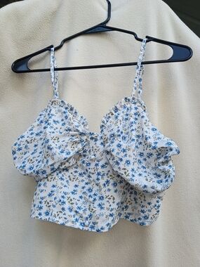 White Blue Floral Tie-Front Crop Cami